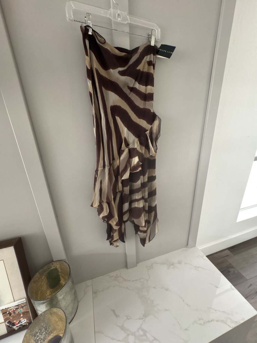Ralph Lauren Ruffled Skirt Size 8 Brown Zebra Print Silk Midi